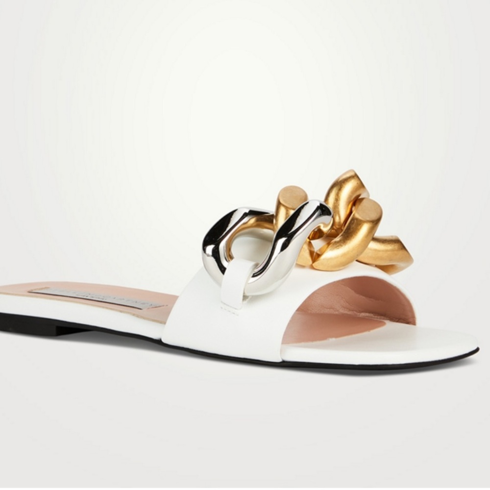 Stella McCartney Falabella Slide Sandals - White Slide with Gold & Silver Chain